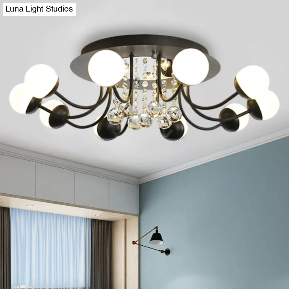 Hand-Cut Crystal Sphere Ceiling Light With Modern Design: 10/12-Head Black/White Mounting For