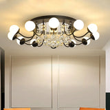 Hand-Cut Crystal Sphere Ceiling Light With Modern Design: 10/12-Head Black/White Mounting For