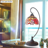 Hand-Cut Glass Domed Nightstand Lamp With Mediterranean Petal Pattern In Black