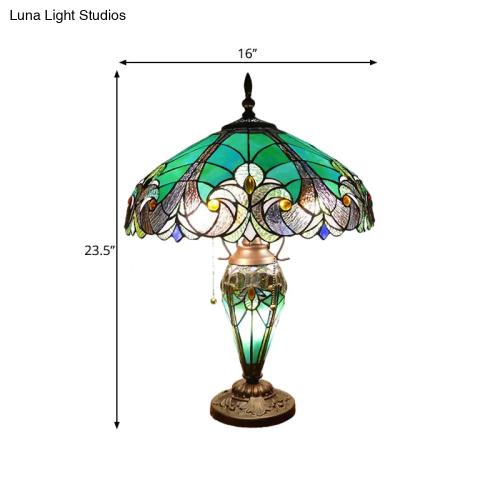 Hand Cut Glass Green Scalloped Dome Night Lamp With Teardrop Base - 3 Lights Task Lighting