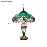 Hand Cut Glass Green Scalloped Dome Night Lamp With Teardrop Base - 3 Lights Task Lighting