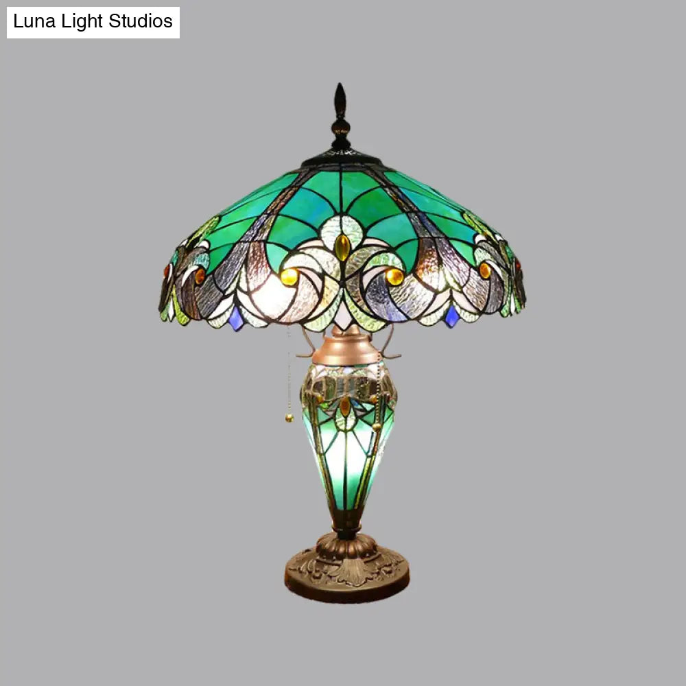 Hand Cut Glass Green Scalloped Dome Night Lamp With Teardrop Base - 3 Lights Task Lighting