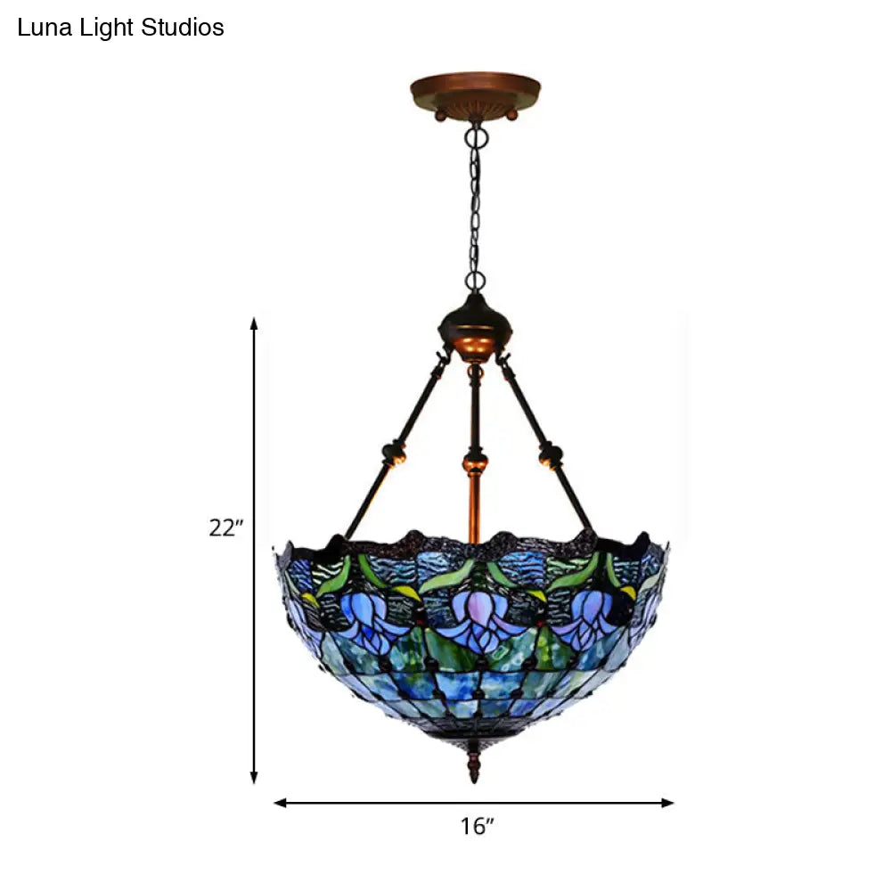 Hand-Cut Glass Pendant Flower Chandelier Light Fixture - Mediterranean Style 2 Lights Red/Blue