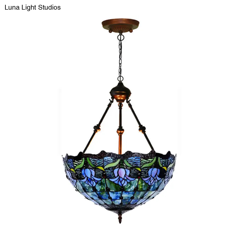 Hand-Cut Glass Pendant Flower Chandelier Light Fixture - Mediterranean Style 2 Lights Red/Blue