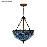 Hand-Cut Glass Pendant Flower Chandelier Light Fixture - Mediterranean Style 2 Lights Red/Blue
