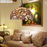 Hand Cut Pink Glass Tiffany-Style Pendant Light With Flower Pattern - Domed Suspension Design