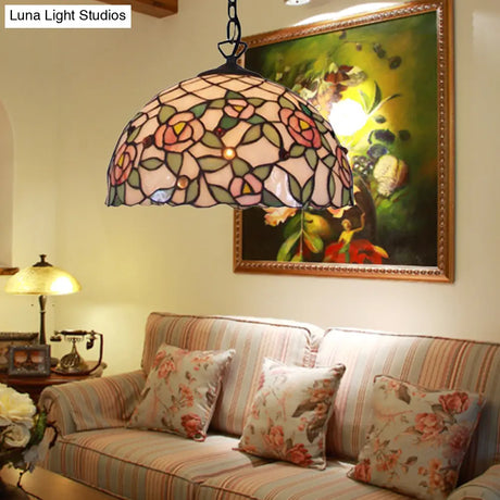 Hand Cut Pink Glass Tiffany-Style Pendant Light With Flower Pattern - Domed Suspension Design
