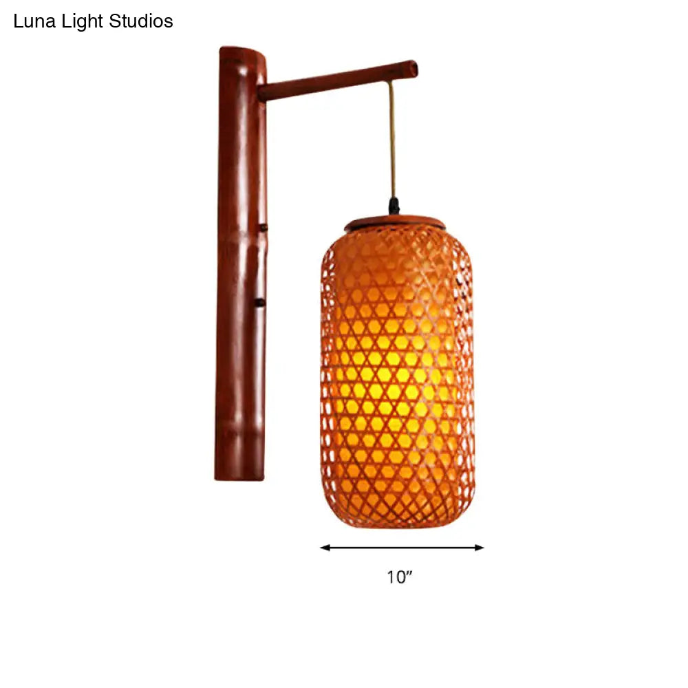 Hand-Knitted Asian Bamboo Wall Lamp: 1-Light Beige Sconce Fixture With Lantern Design For Hallway
