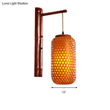 Hand-Knitted Asian Bamboo Wall Lamp: 1-Light Beige Sconce Fixture With Lantern Design For Hallway