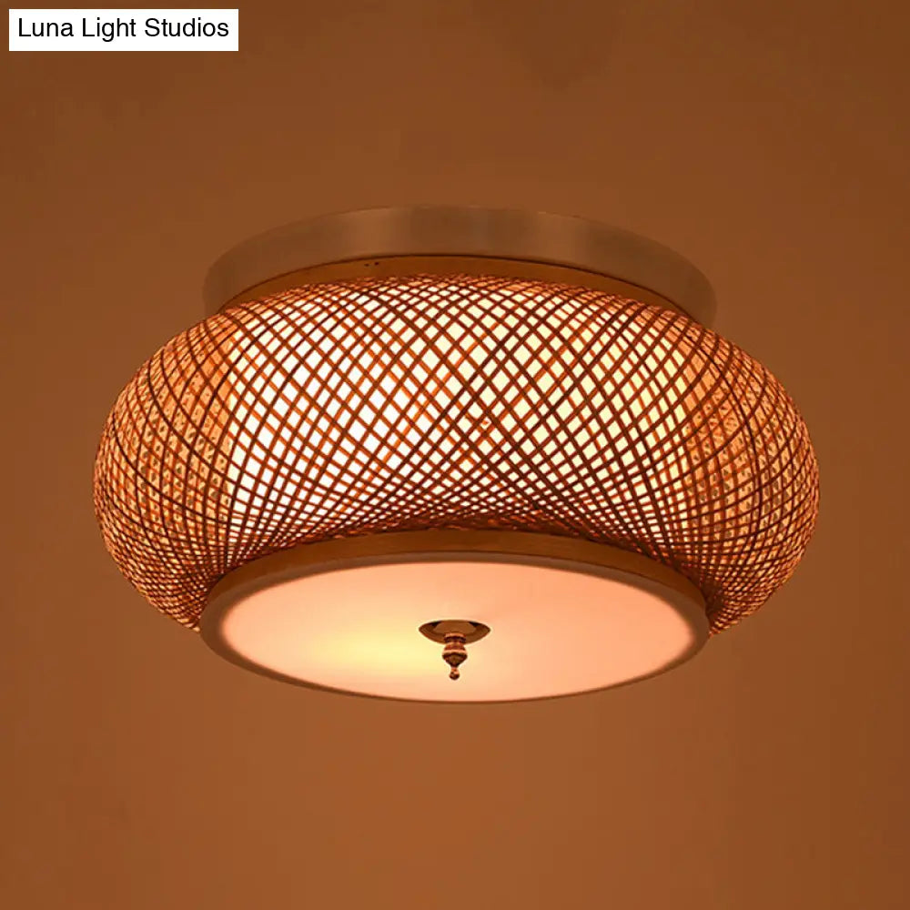 Hand - Knitted Lantern Design Asian Style Bamboo Pendant Light - 3 - Light Yellow Ceiling Fixture