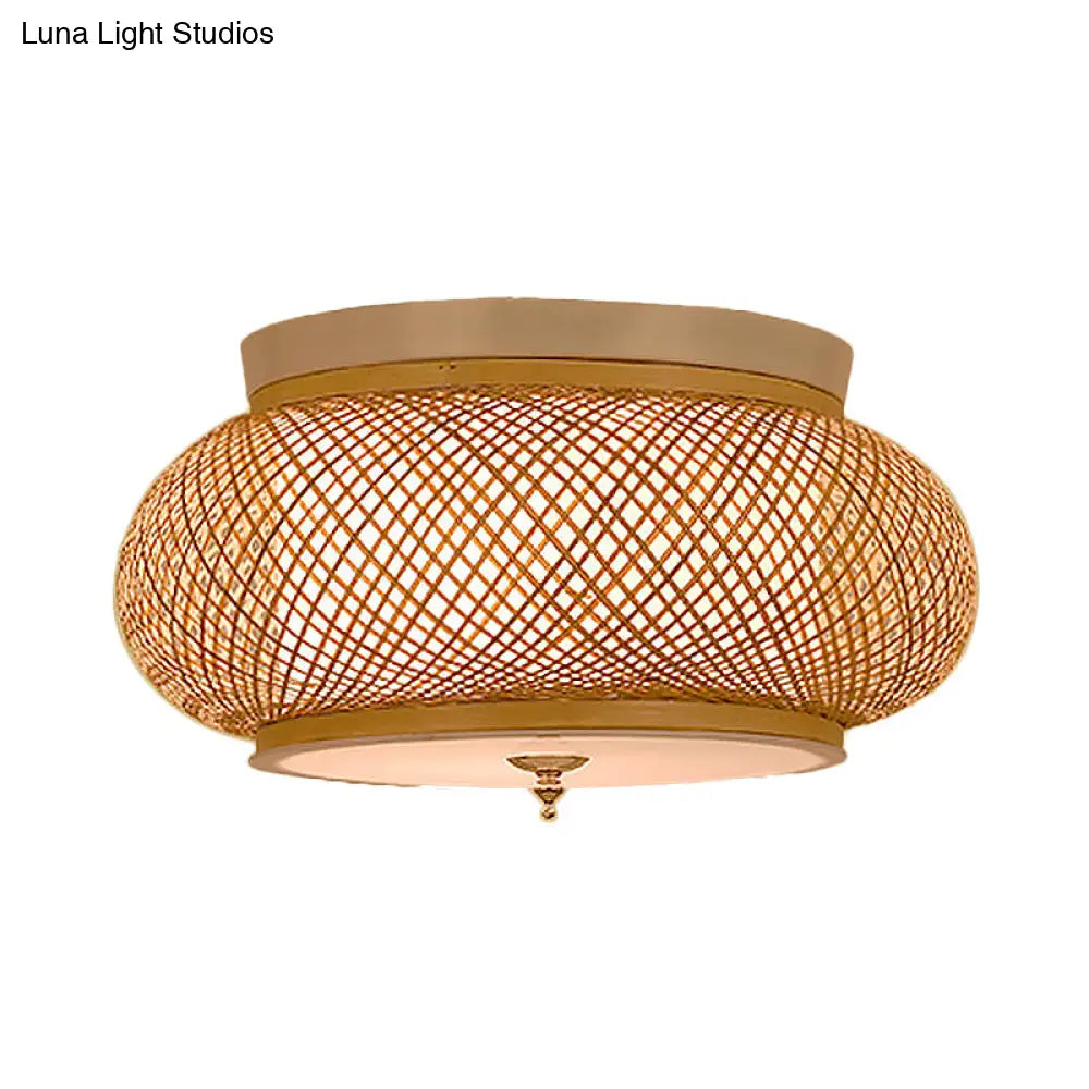 Hand - Knitted Lantern Design Asian Style Bamboo Pendant Light - 3 - Light Yellow Ceiling Fixture