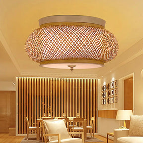 Hand - Knitted Lantern Design Asian Style Bamboo Pendant Light - 3 - Light Yellow Ceiling Fixture
