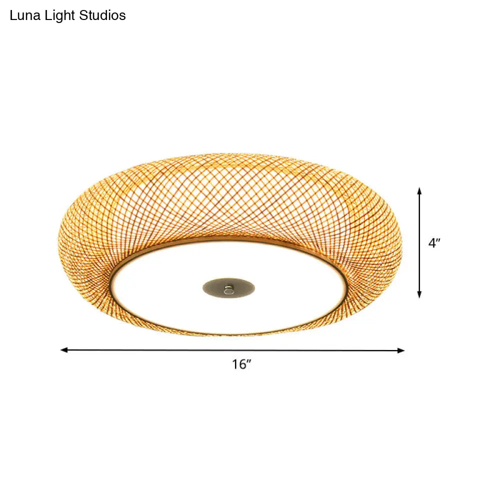 Hand Woven Chinese Bamboo Close To Ceiling Lighting In Flaxen - 2 Heads Flush Mount