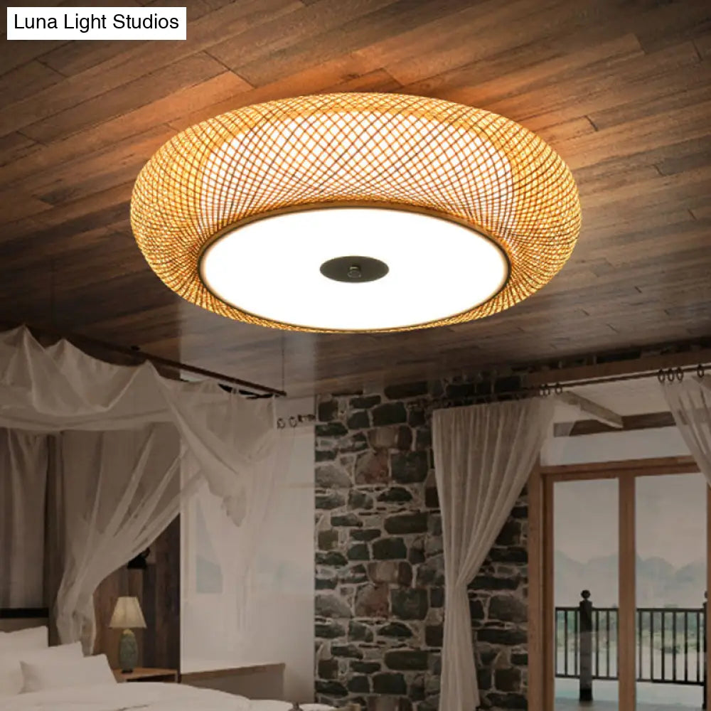 Hand Woven Chinese Bamboo Close To Ceiling Lighting In Flaxen - 2 Heads Flush Mount