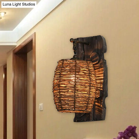 Hand-Woven Rattan Wall Light Fixture - Lodge Style Brown Sconce Lighting For Bedside A/B