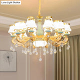 Handblown Glass Gold Chandelier Pendant With Crystal Accent - Retro Bud Light Fixture