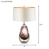 Handblown Glass Pear Living Room Table Lamp Modern White Nightstand Light With Fabric Drum Shade