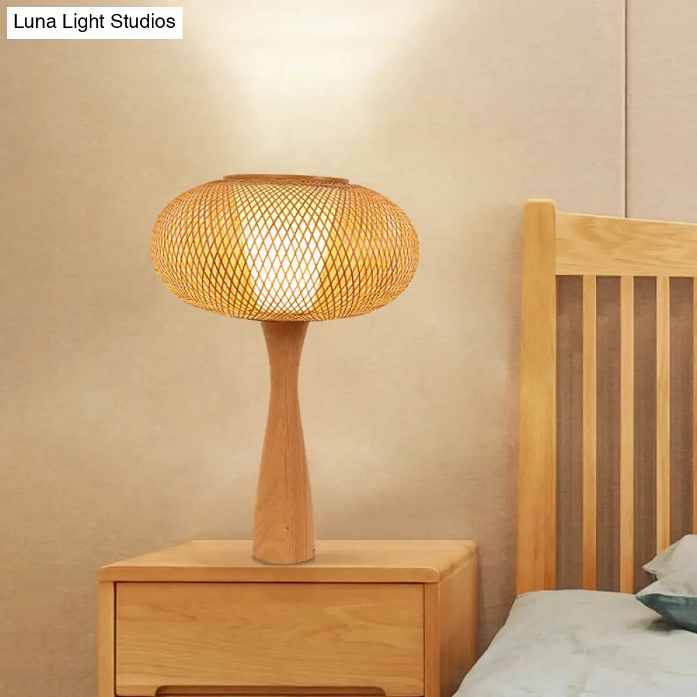 Handcrafted Aian Bamboo Desk Lamp In Beige With Flared Wood Base - Task Lighting