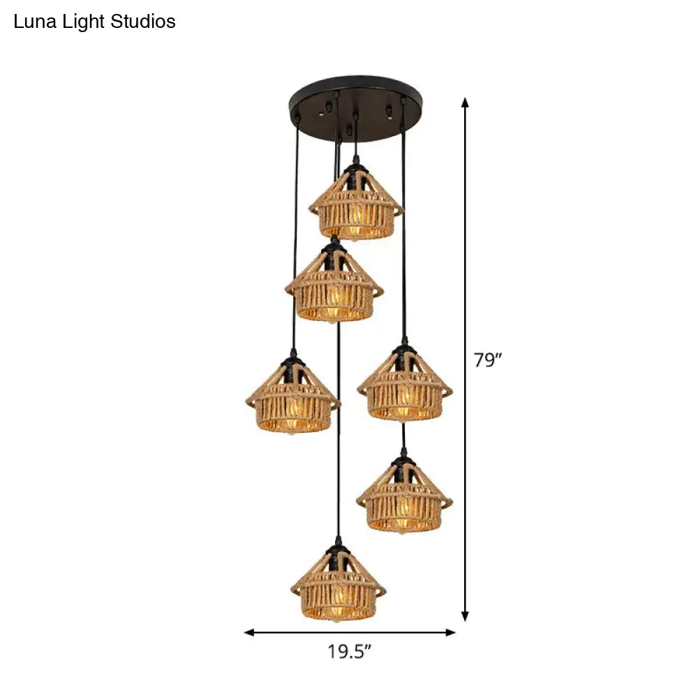 Handcrafted Cottage Brown Multi-Pendant Light Fixture With Rope Detail - Round/Linear Canopy (3/6