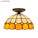 Handcrafted Stained Glass Tiffany Flush Mount Light: Led Grid Pattern 1 Bulb Close To Ceiling Lamp
