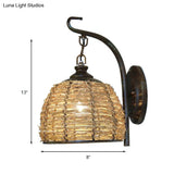 Handmade Asian Style Rattan Sconce With Dome Shade - 1 Light Bedroom Wall Lamp In Brown