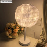 Handmade Nordic Style Feather Sphere Table Light - White/Pink/Rose Red Nightstand Lamp With Plug-In
