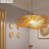 Handmade Wood Pendant Light With Bamboo Shade - Modern 1 Bulb Hanging Lamp