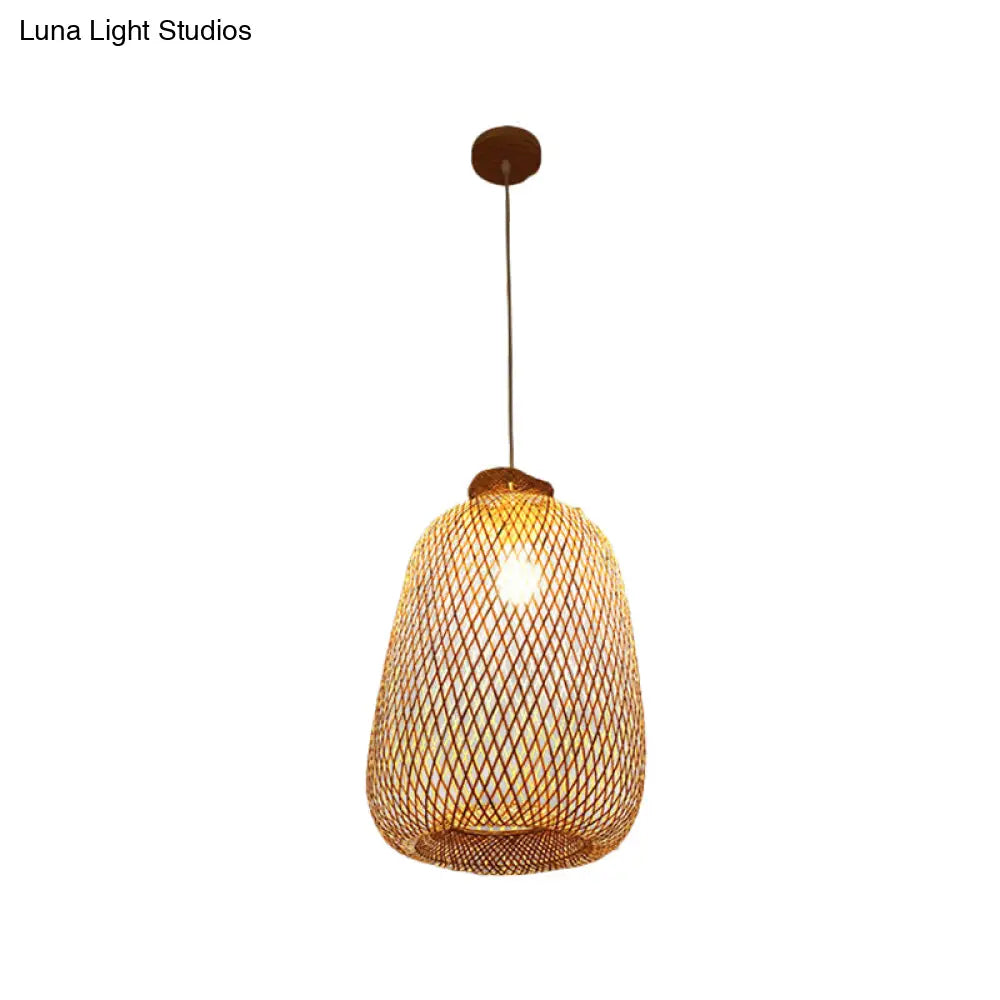 Handmade Wood Pendant Light With Bamboo Shade - Modern 1 Bulb Hanging Lamp