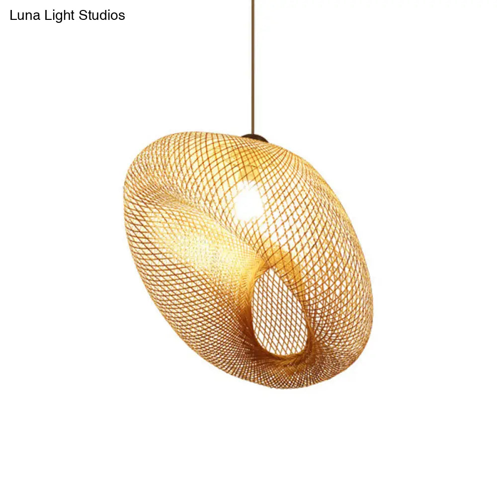 Handmade Wood Pendant Light With Bamboo Shade - Modern 1 Bulb Hanging Lamp