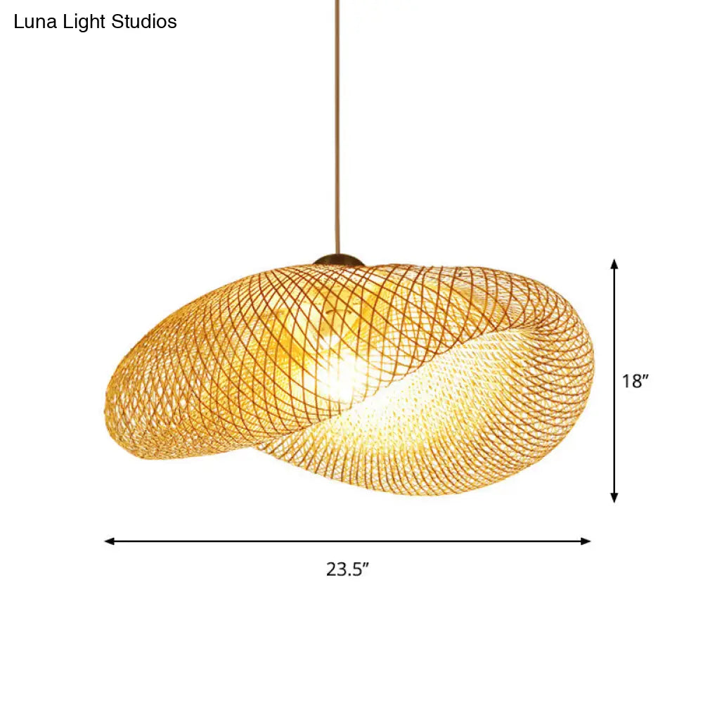 Handmade Wood Pendant Light With Bamboo Shade - Modern 1 Bulb Hanging Lamp