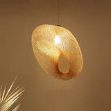 Handmade Wood Pendant Light With Bamboo Shade - Modern 1 Bulb Hanging Lamp / B