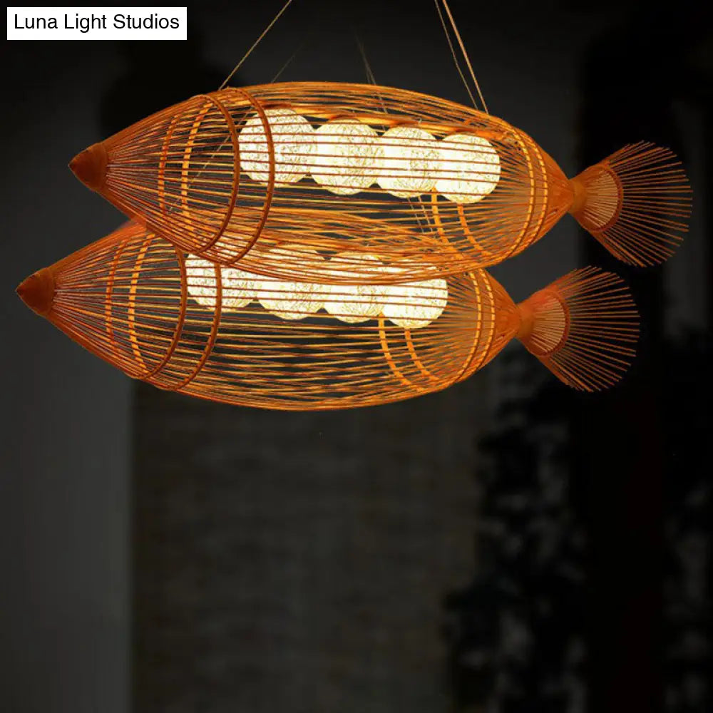 Handwoven Asian Fish Bamboo Suspension Light - Rustic Wood Restaurant Chandelier