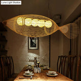 Handwoven Asian Fish Bamboo Suspension Light - Rustic Wood Restaurant Chandelier