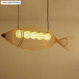 Handwoven Asian Fish Bamboo Suspension Light - Rustic Wood Restaurant Chandelier