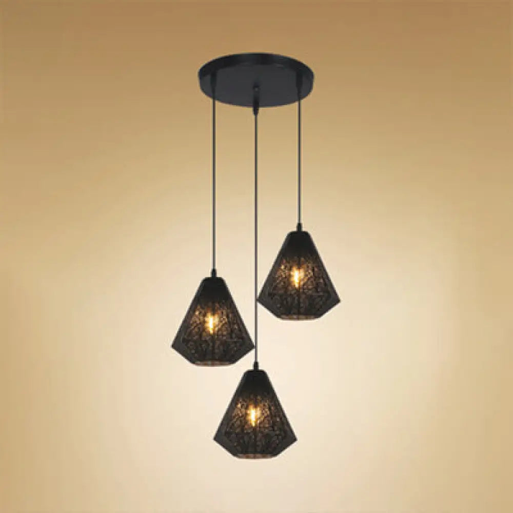 Hanging Ceiling Light Industrial Metal Pendant With Etched Black/White Diamond Design And 3 Lights
