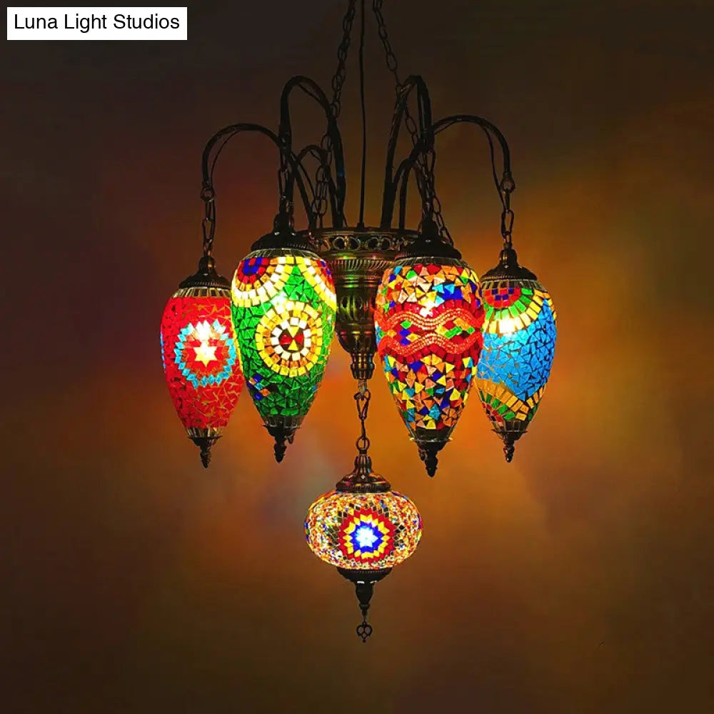 Hanging Chandelier: 7-Bulb Coffee House Tradition Pendant Light With Colorful Glass Shade