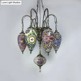 Hanging Chandelier: 7-Bulb Coffee House Tradition Pendant Light With Colorful Glass Shade