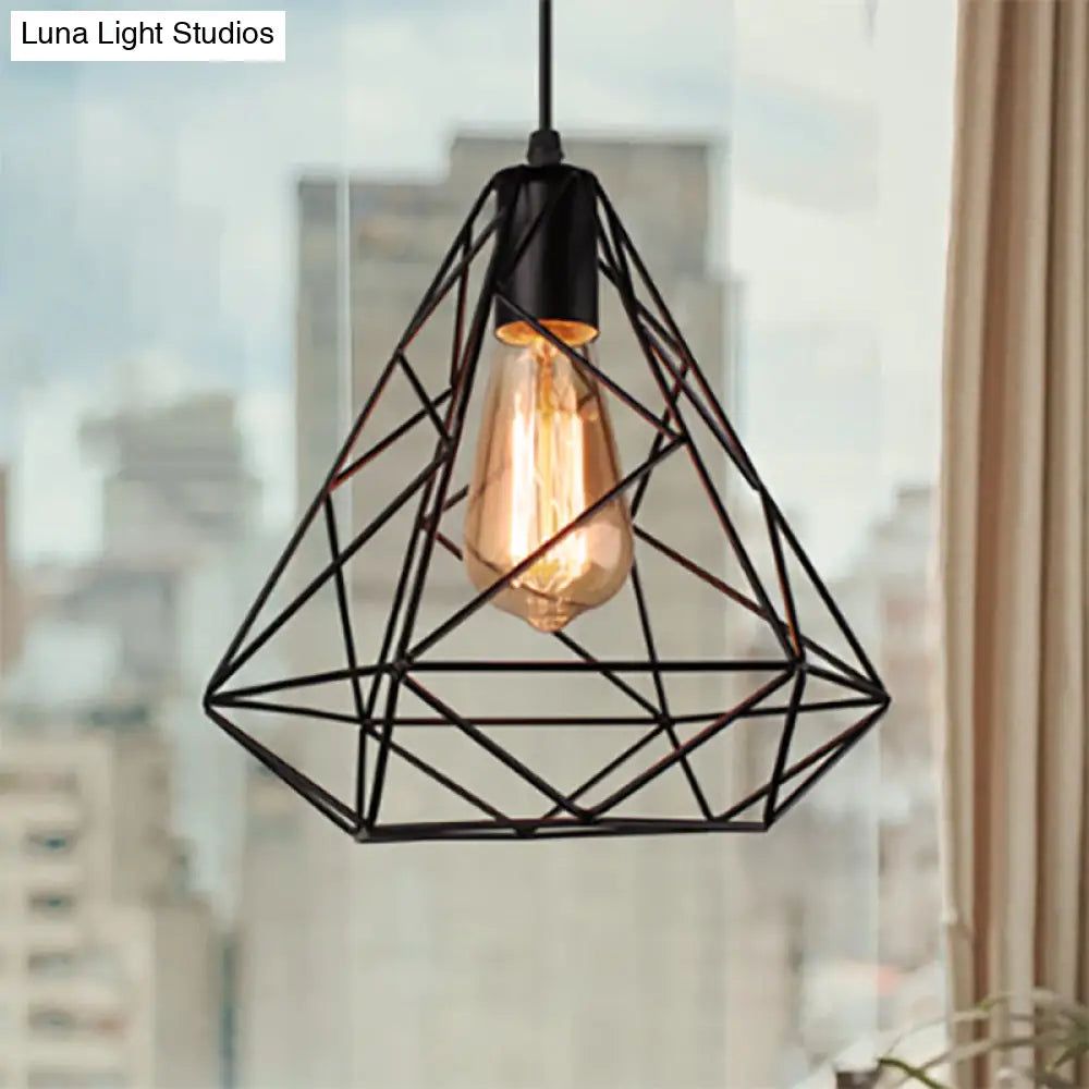 Hanging Diamond Shade Metal Kitchen Ceiling Light With Farmhouse Style And Wire Frame In Black
