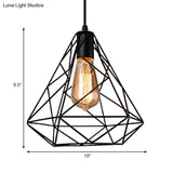 Hanging Diamond Shade Metal Kitchen Ceiling Light With Farmhouse Style And Wire Frame In Black