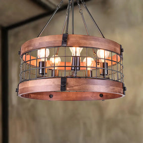 Hanging Farmhouse Suspension Lamp: Drum Metal And Wood Fixture With Mesh Screen Lodge Style Multi