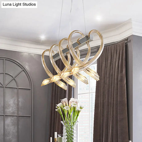 Heart-Shaped Chrome Island Light: Minimalist 8-Head Amber Glass Pendant For Restaurants