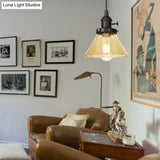 Height-Adjustable 1-Light Industrial Conic Pendant Lamp With Amber/Clear Glass For Coffee Shops -