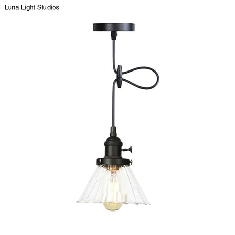 Height-Adjustable 1-Light Industrial Conic Pendant Lamp With Amber/Clear Glass For Coffee Shops -