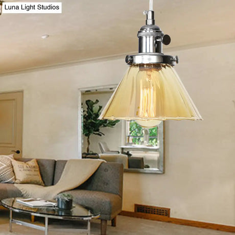 Height-Adjustable 1-Light Industrial Conic Pendant Lamp With Amber/Clear Glass For Coffee Shops -
