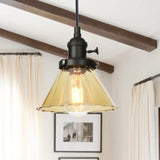Height-Adjustable 1-Light Industrial Conic Pendant Lamp With Amber/Clear Glass For Coffee Shops -