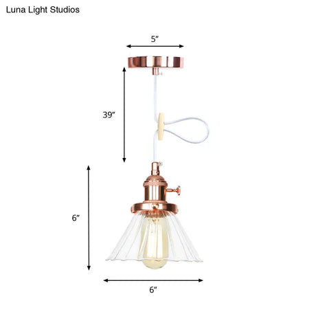Height-Adjustable 1-Light Industrial Conic Pendant Lamp With Amber/Clear Glass For Coffee Shops -
