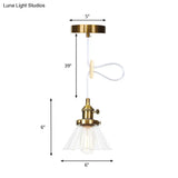 Height-Adjustable 1-Light Industrial Conic Pendant Lamp With Amber/Clear Glass For Coffee Shops -