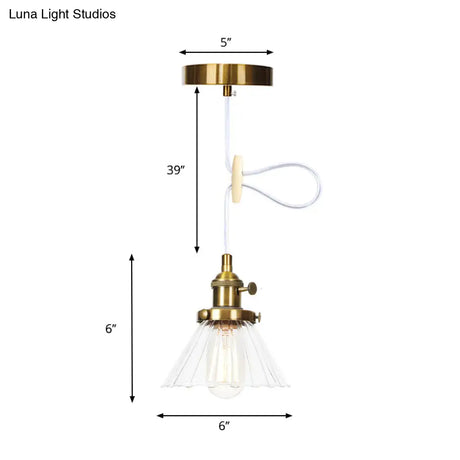 Height-Adjustable 1-Light Industrial Conic Pendant Lamp With Amber/Clear Glass For Coffee Shops -