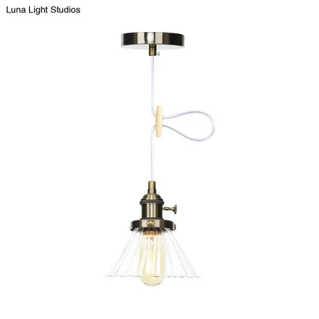 Height-Adjustable 1-Light Industrial Conic Pendant Lamp With Amber/Clear Glass For Coffee Shops -