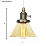 Height-Adjustable 1-Light Industrial Conic Pendant Lamp With Amber/Clear Glass For Coffee Shops -